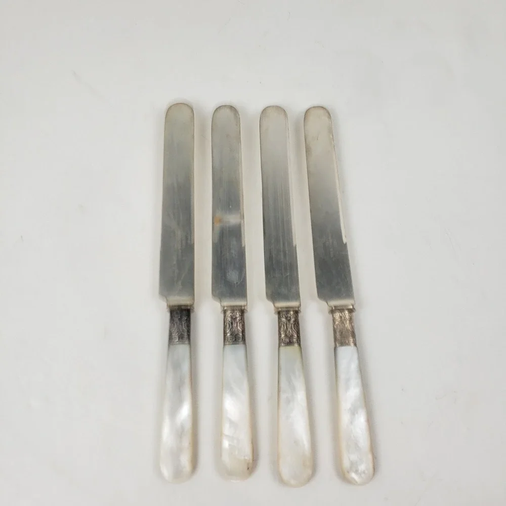 Antique J. Russell & Co. 1834 Mother of Pearl Sterling Ferrule Knives Set of 4